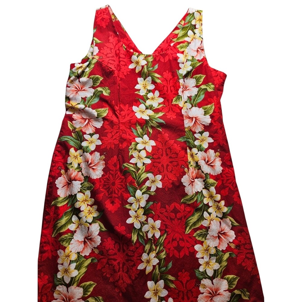 Vintage 80s/90s Hawaii Ty Red Maxi Dress with White & Green Floral Garlands